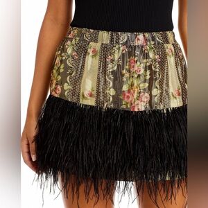 LoveShackFancy Floral Mini Skirt with Black Feather Hem